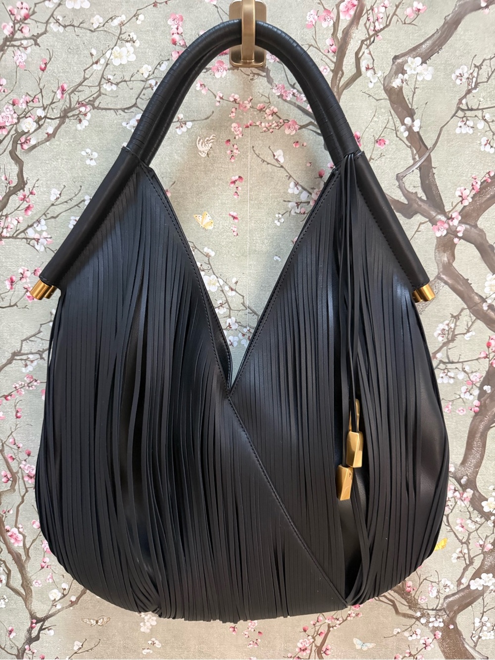 DKNY Black Fringe Hobo with Gold Accents
